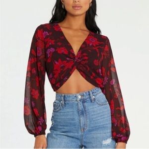 Sanctuary Red and Purple Floral Sheer Crop Blouse - Size L
